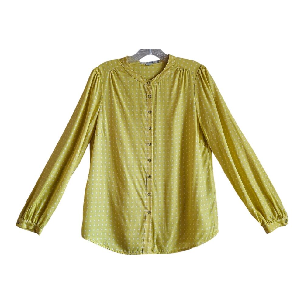 BODEN Women's 6 Blouse Top Yellow White Polka Dot Button Up Silk Blend 38"